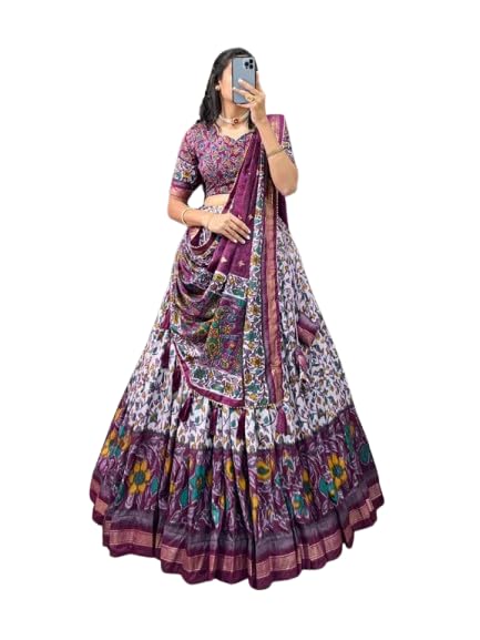 Woman's perfectly Navratri Collection Tussar Silk Lehenga Choli Patola Print with Foil Work