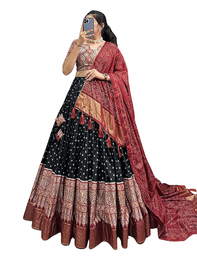 Woman's perfectly Navratri Collection Tussar Silk Lehenga Choli Patola Print with Foil Work