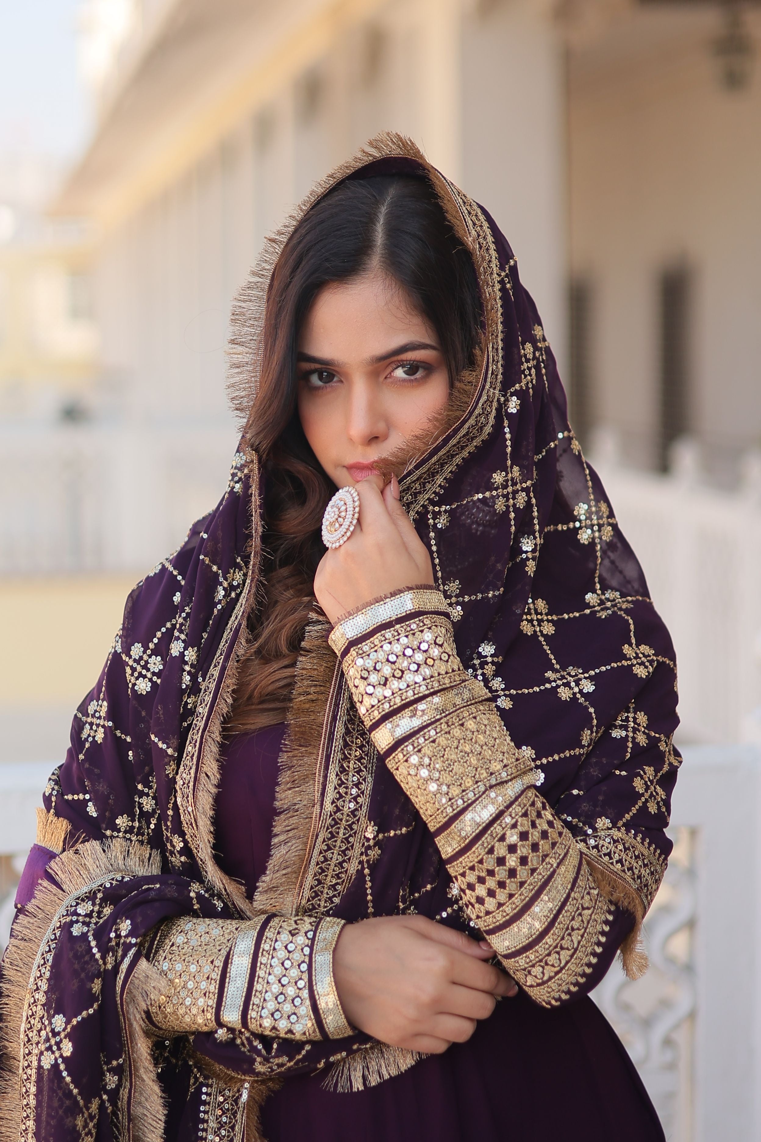 Aastha Wine Faux Blooming with Gown Embroidered Multi-Sequins work