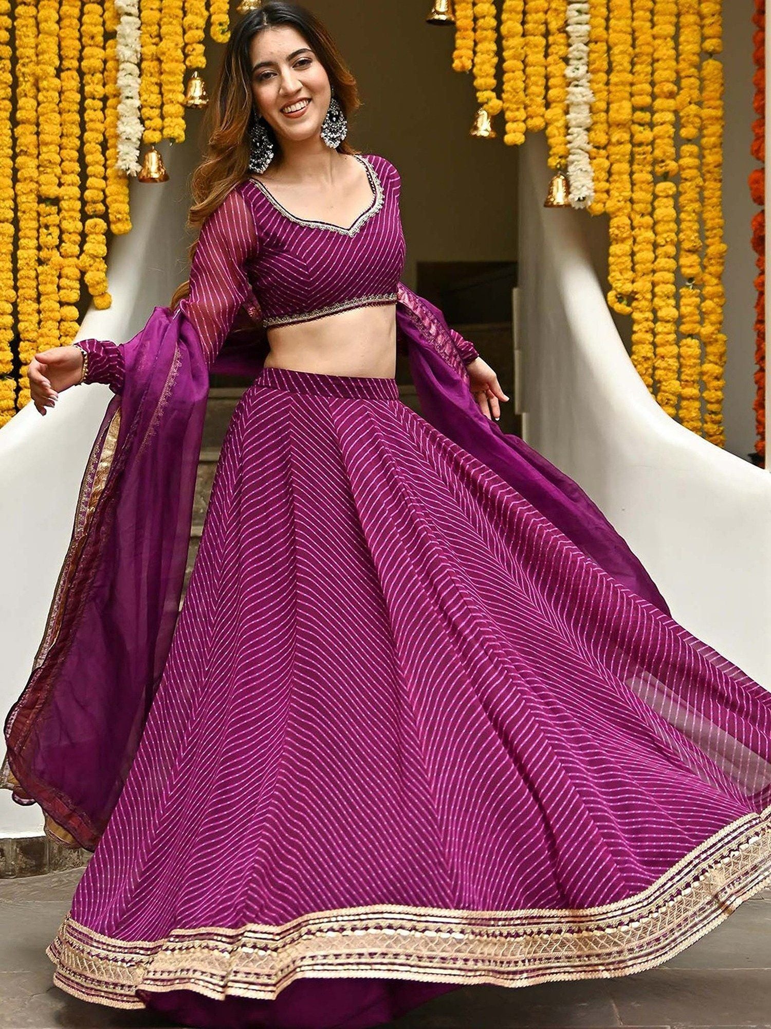 Aastha fashion purple Georgette lehanga blouse fabric Zari and Cording Lace work with Leheriya Print