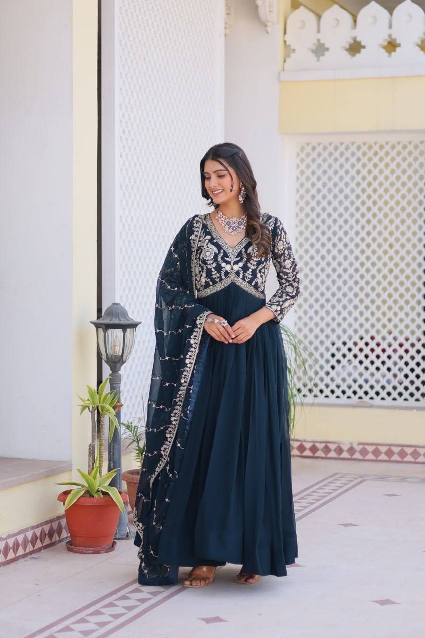 Aastha Teal Fox Georgette with Micro Cotton Heavy sequence Embroidery Work