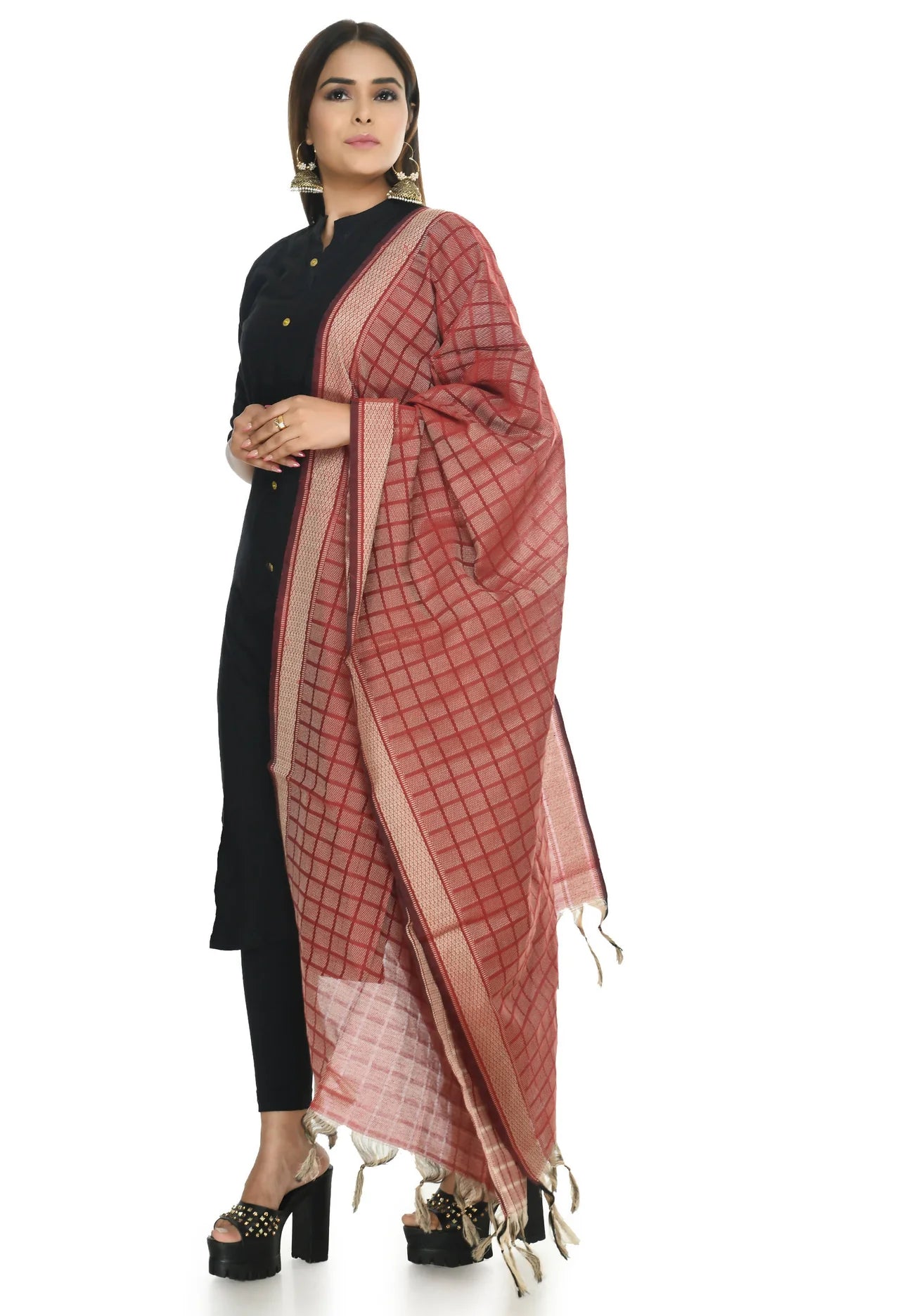 Mominos Fashion Moeza Handloom Cotton Maroon Dupatta For Women