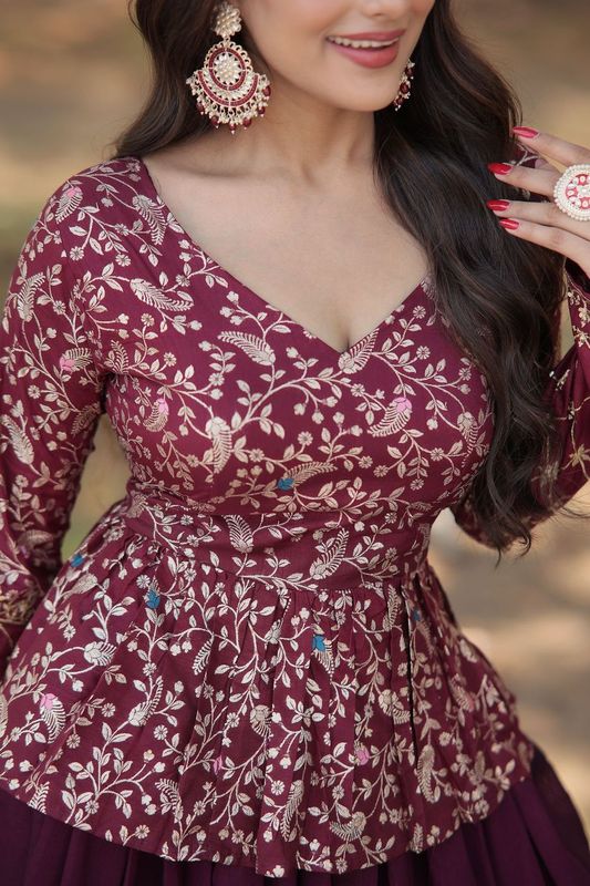 Aastha fashion wine Shimmer Vichitra Lehenga Viscose Jacquard blouse fabric embroidery work