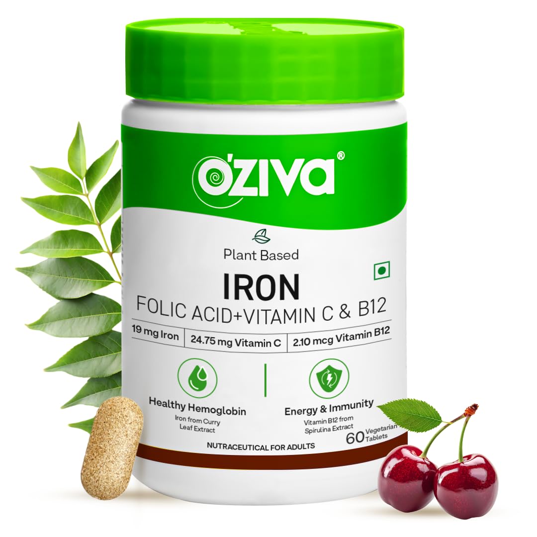 O'Ziva iron supplement bottle with green cap, leaves, and cherries on a white background
