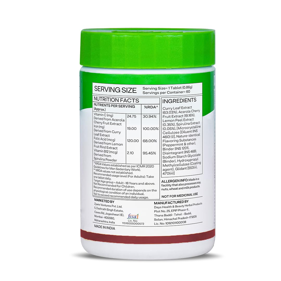 OZiva Iron Supplement with Folic Acid, Vitamin C & B12