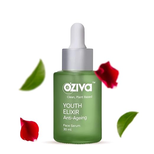 Oziva Youth Elixir anti-aging face serum bottle with green leaves and red petals on a white background