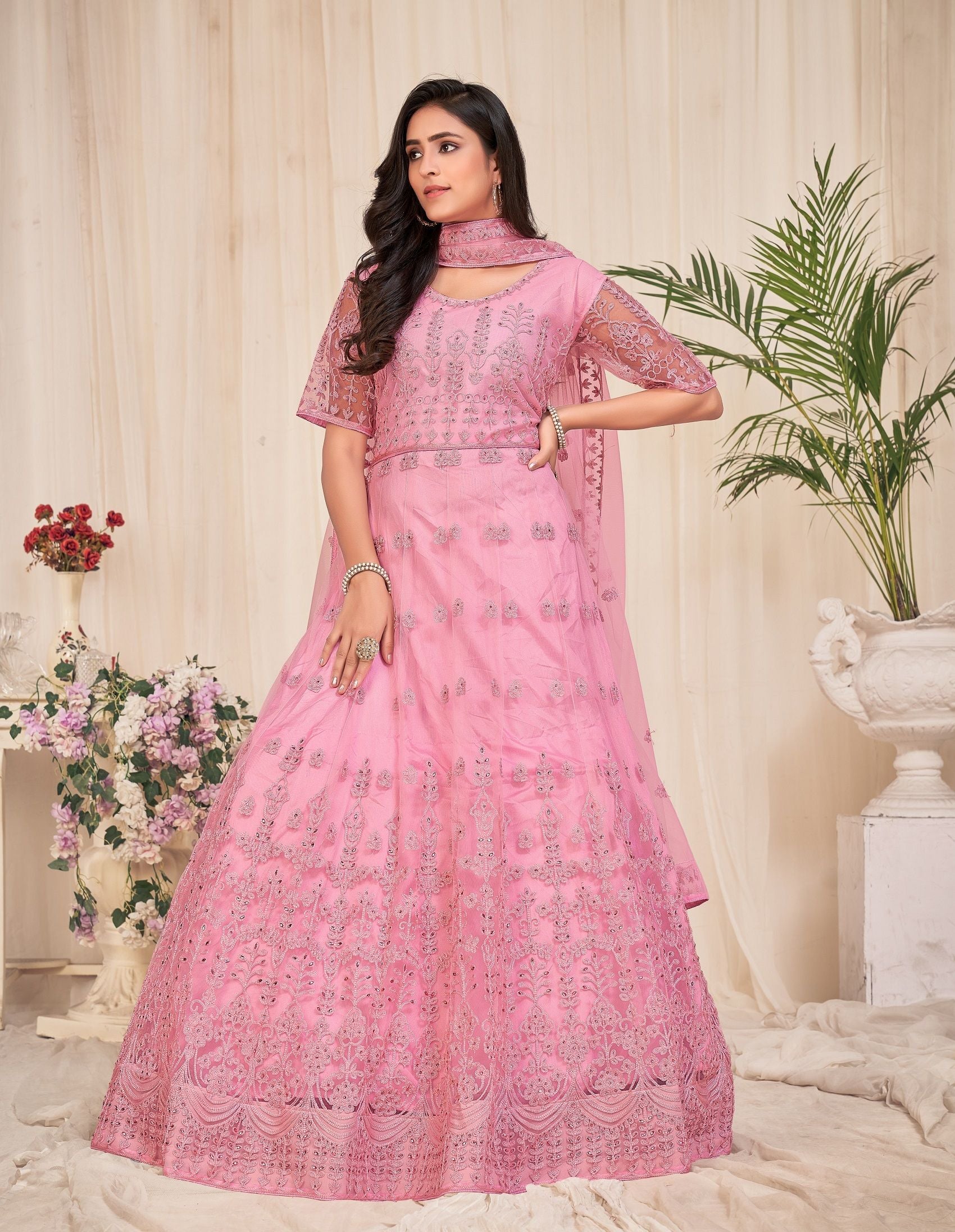 Aastha Dusty Pink Dupatta with Net top fabric Crepe Bottom fabric