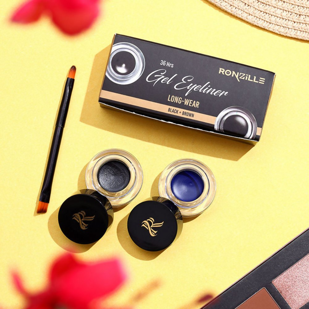 Ronzille 36Hr Waterproof And Smudge Proof Long Wear Gel Eyeliner With Brush - Black And Blue