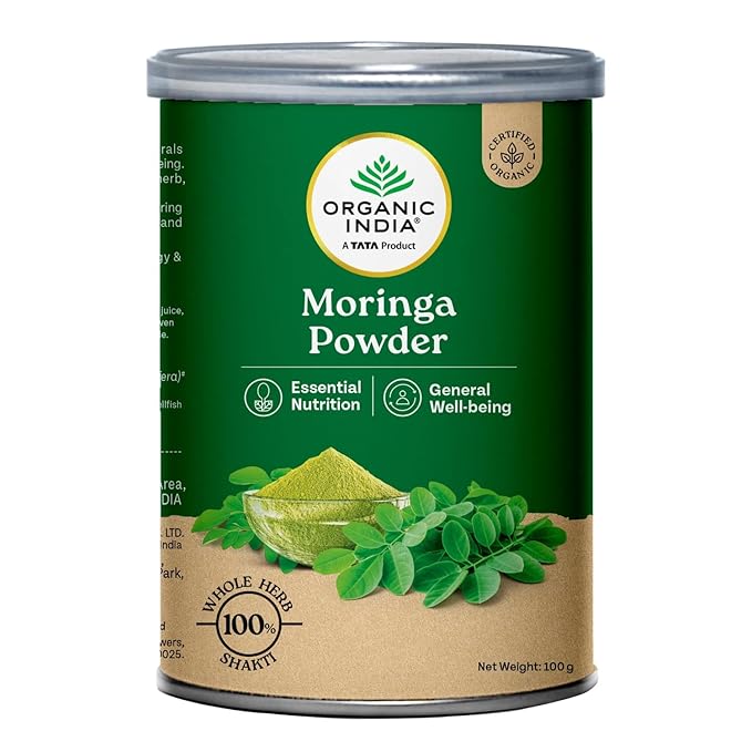 Can of Organic India Moringa Powder with green and brown label