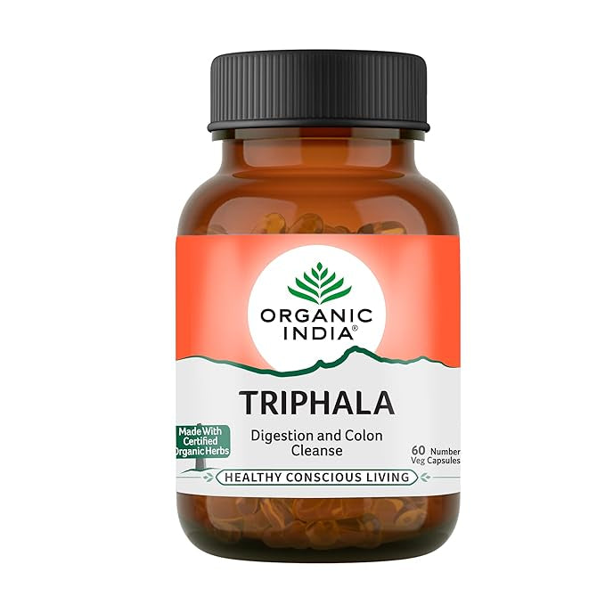 A bottle of Organic India Triphala Capsules