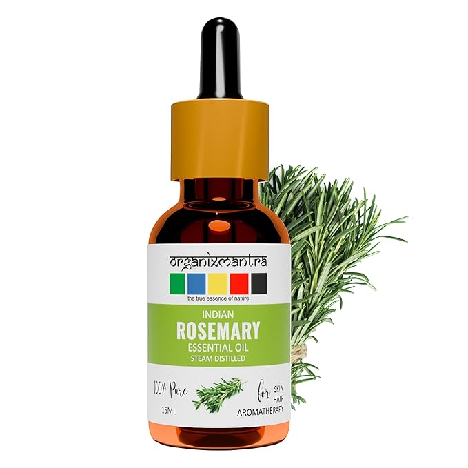 Bottle of Indian Rosemary Essential Oil with a dropper on a white background