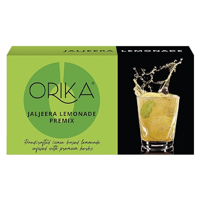 Orika Jaljeera Lemonade Premix packaging with a glass of lemonade on a black background