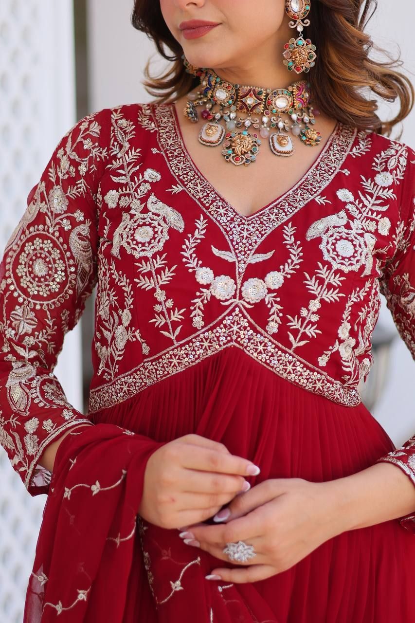 Aastha Red Fox Georgette with Micro Cotton Heavy sequence Embroidery Work