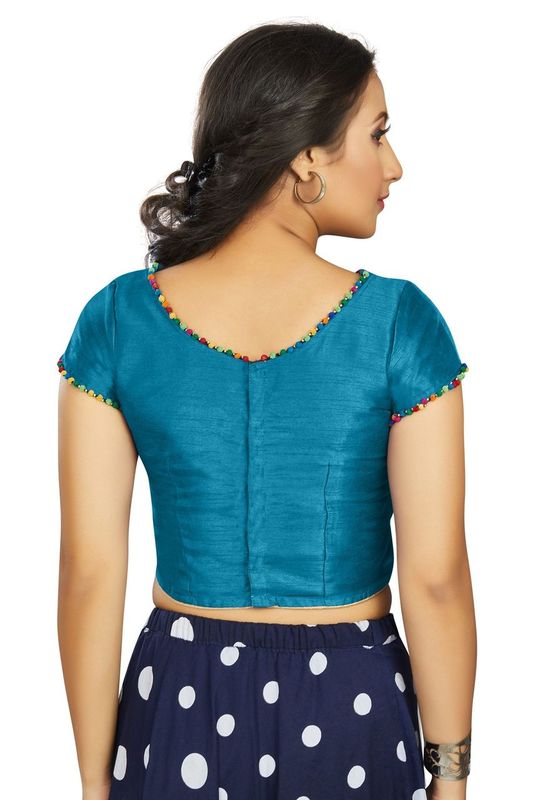 Aastha fashion Firozi Art Slik Boat Neck Blouse Work Plain