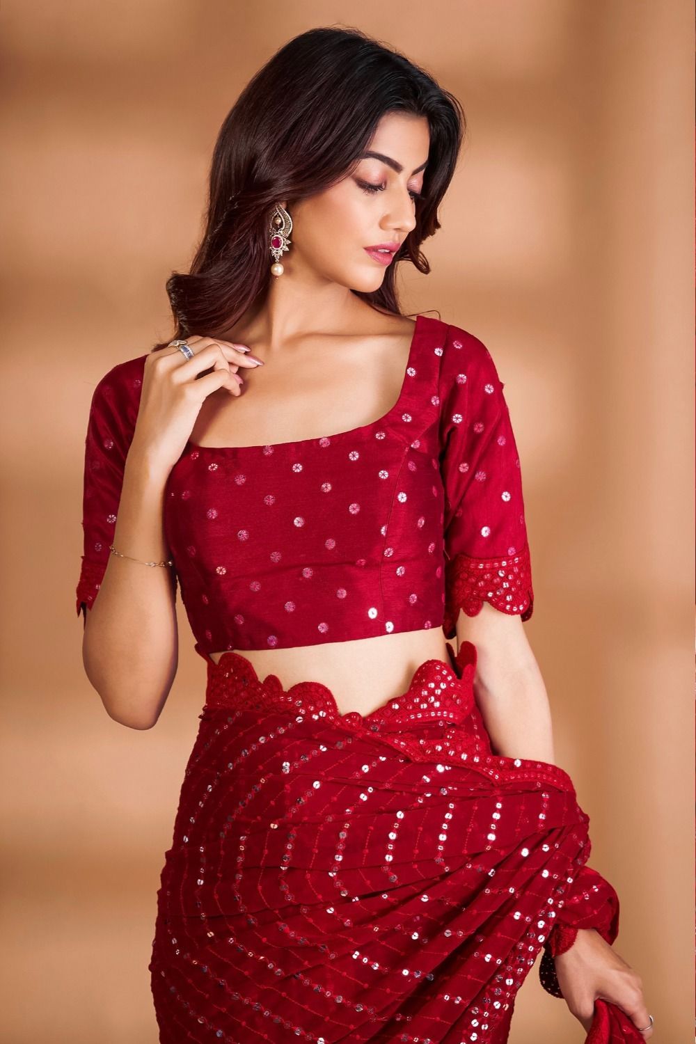 Aastha Red Heavy Georgette Fabric Sequins embroidery work in Satin Banglori Blouse fabric