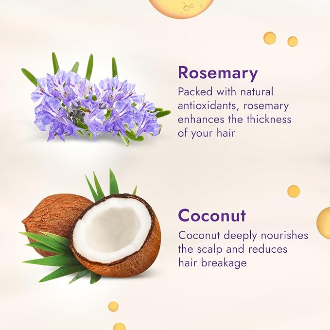 Coconut and rosemary with text about their hair benefits on a light background