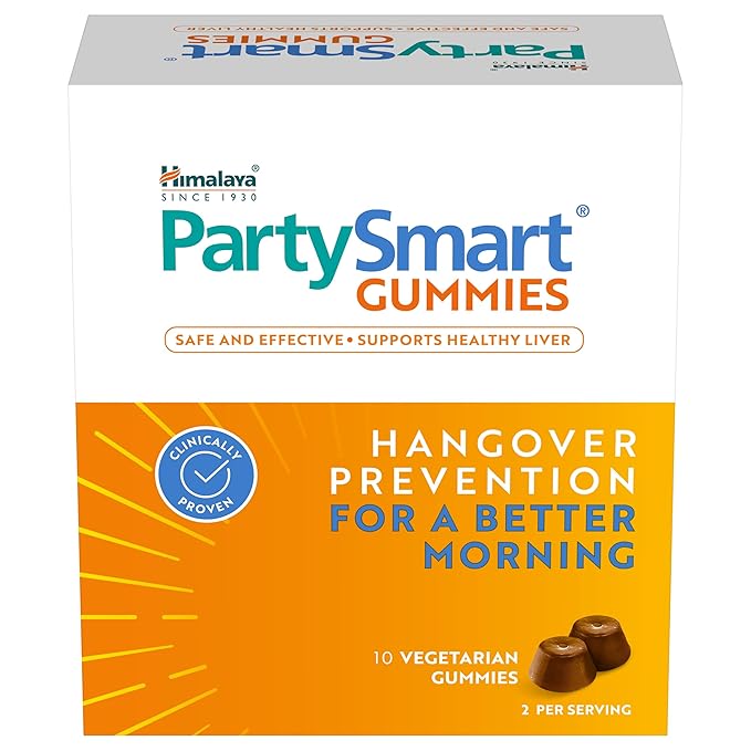 A box of Himalaya PartySmart Gummies, featuring a white top half with blue and orange branding, and a bright orange bottom half with text about hangover prevention and illustrations of two gummies.