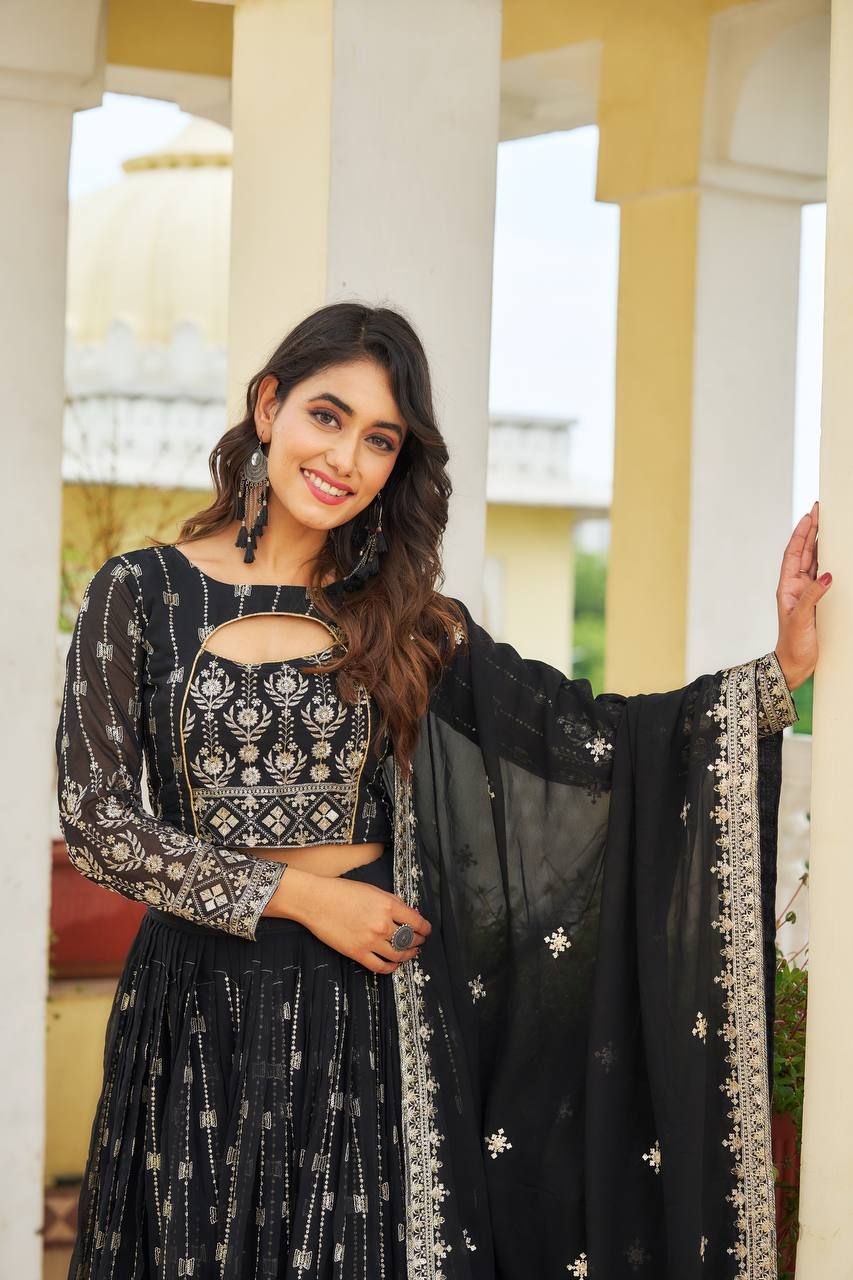 Aastha fashion Black Heavy Fox Georgette lehanga blouse fabric Embroidery Sequence Work