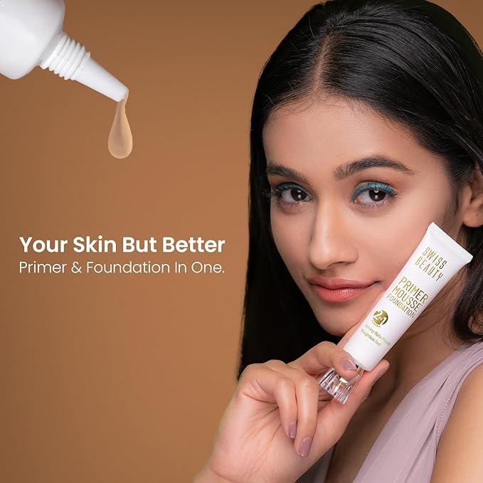 Swiss Beauty Primer Mousse Foundation Weightless Smooth & Velvet Touch, Face Makeup, Natural Beige, 30ml