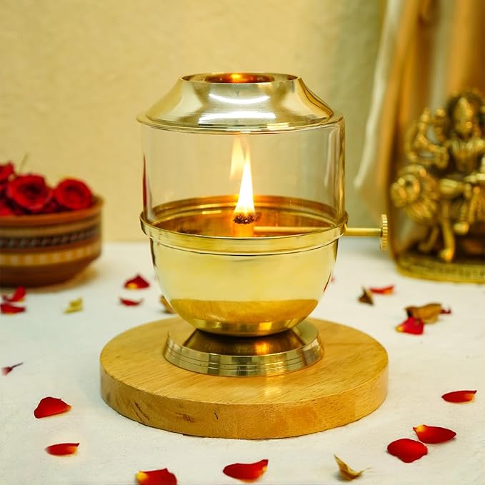 100% Pure Brass Akhand Jyot Diya with Adjustable Bati Knob, Wick Lifting Screw Lever, Glass Cover (Large Size, 250 ml Oil Capacity, Stay Lit for 48 Hours, Wick Included, Authentic Borosilicate)