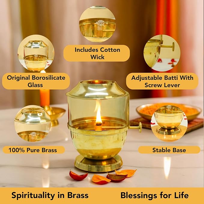 100% Pure Brass Akhand Jyot Diya with Adjustable Bati Knob, Wick Lifting Screw Lever, Glass Cover (Large Size, 250 ml Oil Capacity, Stay Lit for 48 Hours, Wick Included, Authentic Borosilicate)