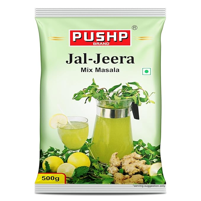 Pushp Brand Jal-Jeera Mix Masala packaging with green background and product images.