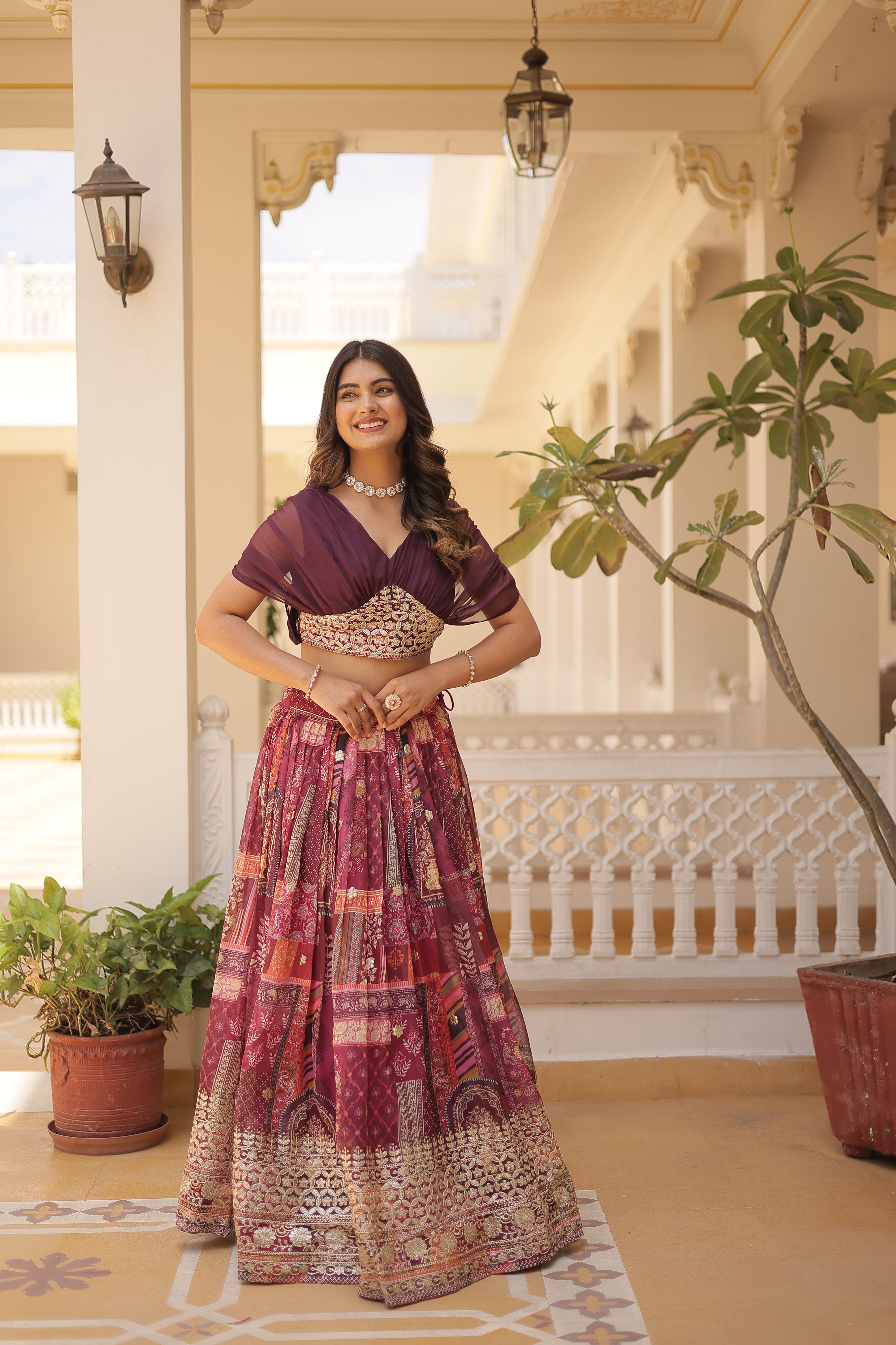 Aastha fashion wine Lehenga Chinnon koti febric embroidery