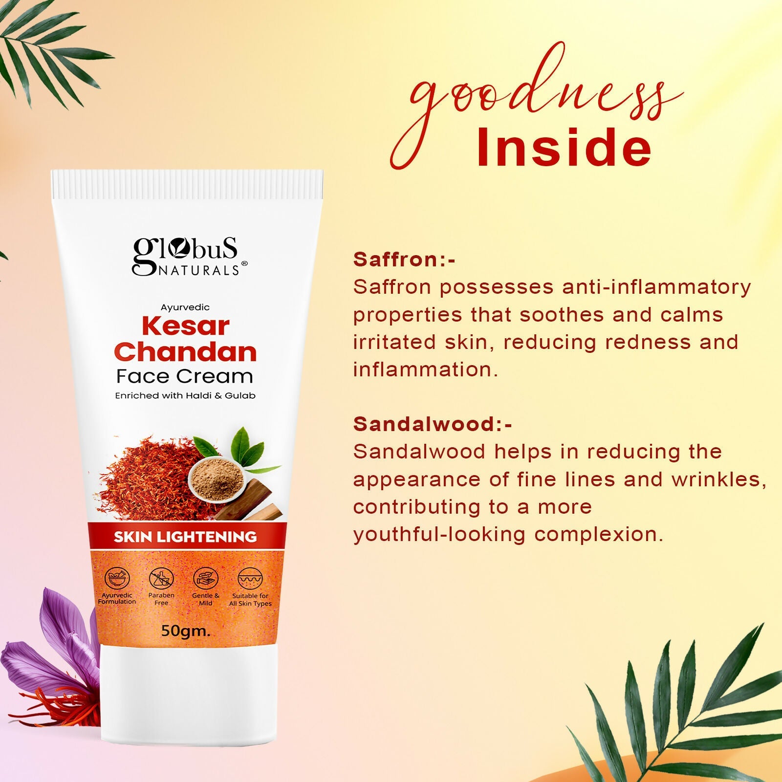Globus Naturals Daily Glow Kesar Chandan Face Cream with SPF, Skin Lightening Formula For All Skin Types