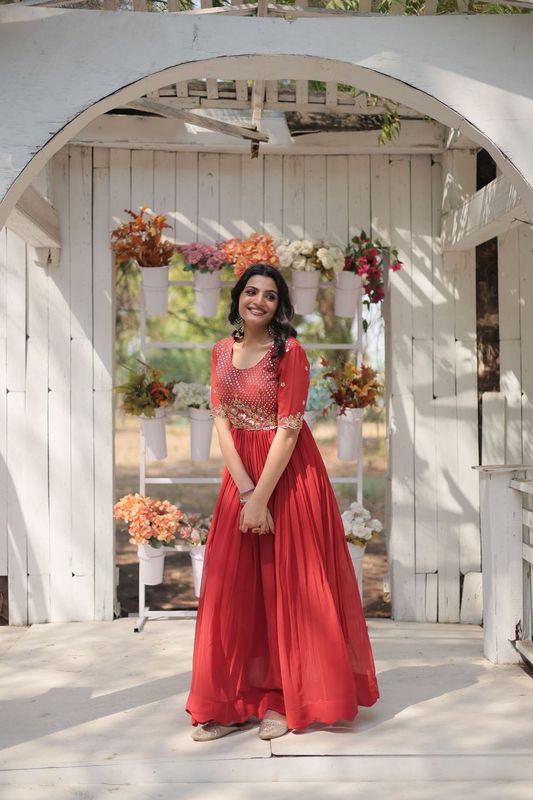 Aastha Orange with Gown Blooming Faux Georgette Embroidery Zari Sequins-work