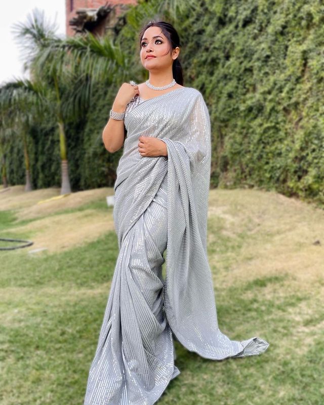 Aastha Grey Soft Organza Beautiful Sequance Embroidery Work