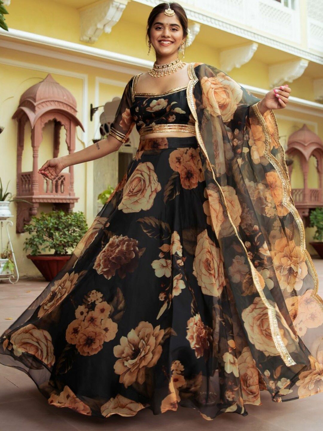 Aastha fashion Black Organza lehanga blouse fabric Floral Digital Print with Embroidery Work