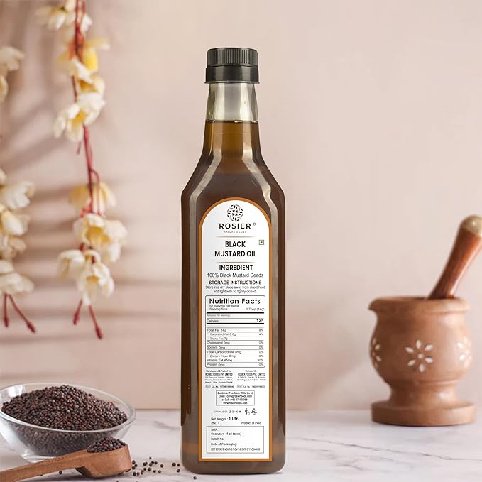 ROSIER Organic Black Mustard Oil (1 L) | Traditional Stone Pressed Single Filtered Cooking Oil | Kolhu/Kacchi Ghani/Chekku | Pure, Natural and Healthy Stone Pressed Mustard Oil for Cooking