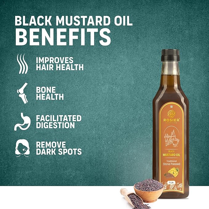 ROSIER Organic Black Mustard Oil (1 L) | Traditional Stone Pressed Single Filtered Cooking Oil | Kolhu/Kacchi Ghani/Chekku | Pure, Natural and Healthy Stone Pressed Mustard Oil for Cooking