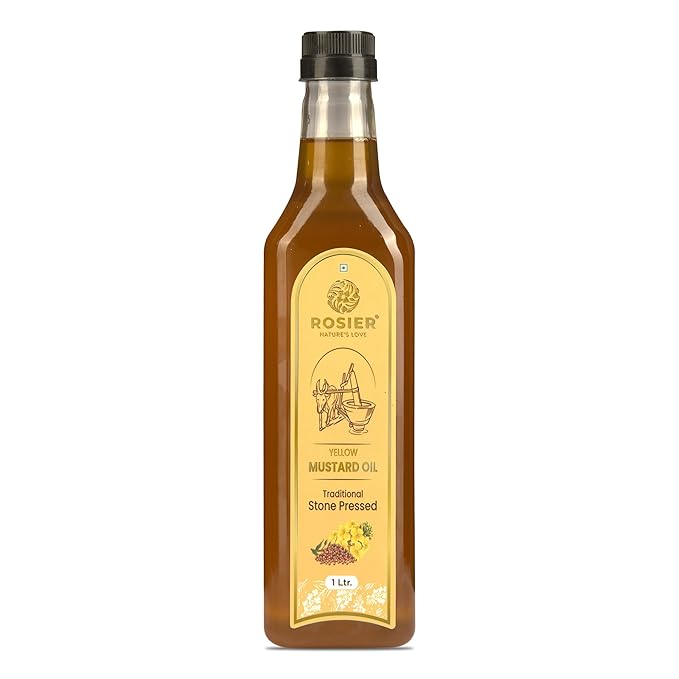 ROSIER Stone Pressed Organic Yellow Mustard Oil 1 L | Traditional Stone Pressed Single Filtered Cooking Oil | Kolhu/Kacchi Ghani/Chekku | Pure, Natural and Healthy Mustard Oil
