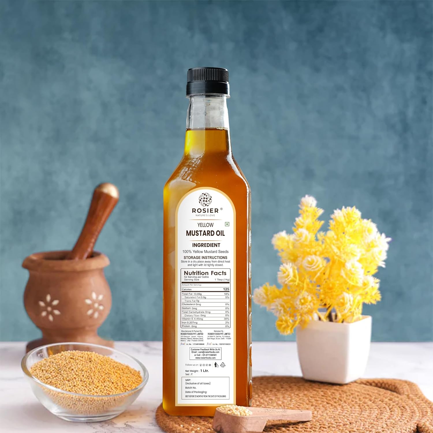 ROSIER Stone Pressed Organic Yellow Mustard Oil 1 L | Traditional Stone Pressed Single Filtered Cooking Oil | Kolhu/Kacchi Ghani/Chekku | Pure, Natural and Healthy Mustard Oil