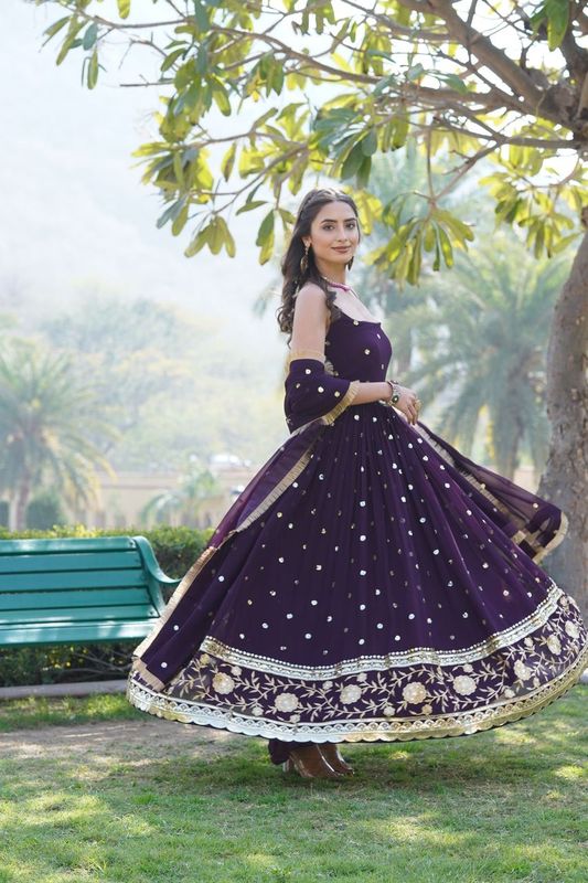 Aastha Wine Faux Georgette with Gown fabric Printed