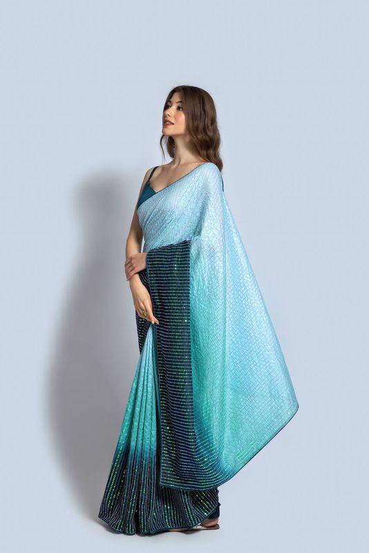 Aastha Multi Vichitra silk Heavy Satin Banglori work Teal color