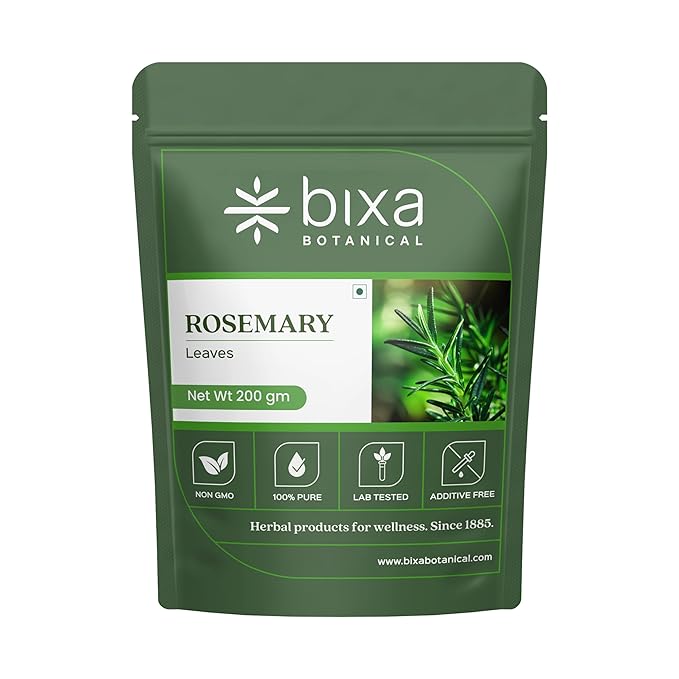 Green package of bixa botanical rosemary leaves on a white background