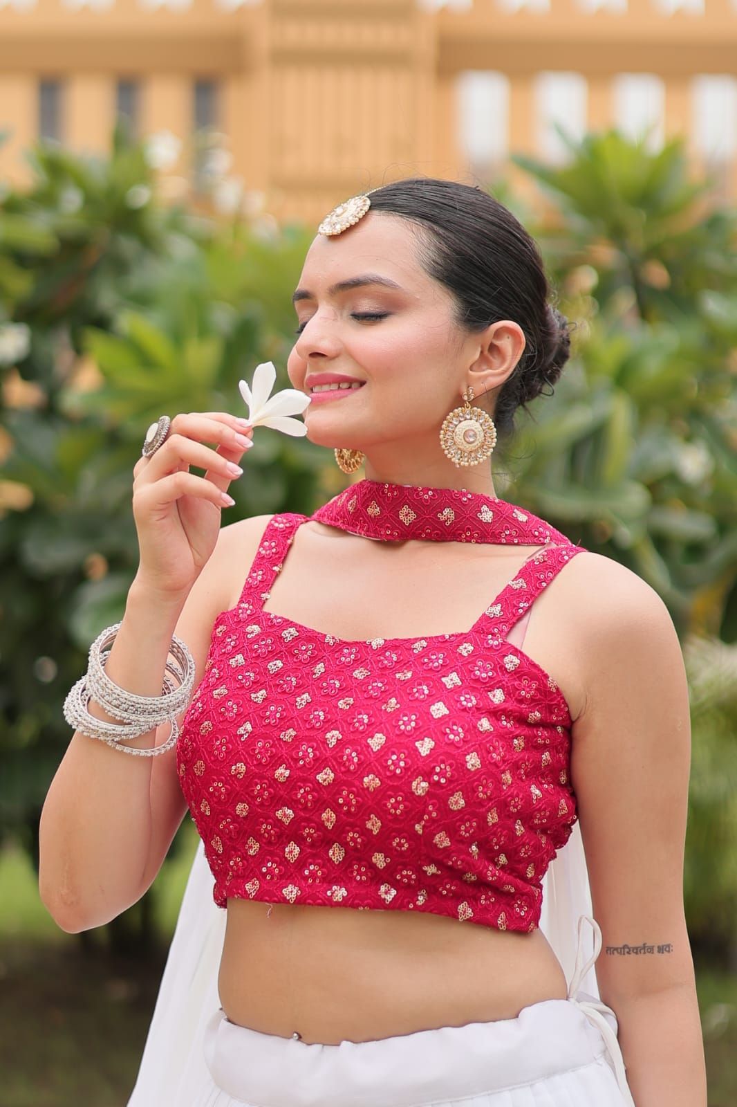 Aastha fashion white pure georgette lehanga pink blouse fabric embroidery work