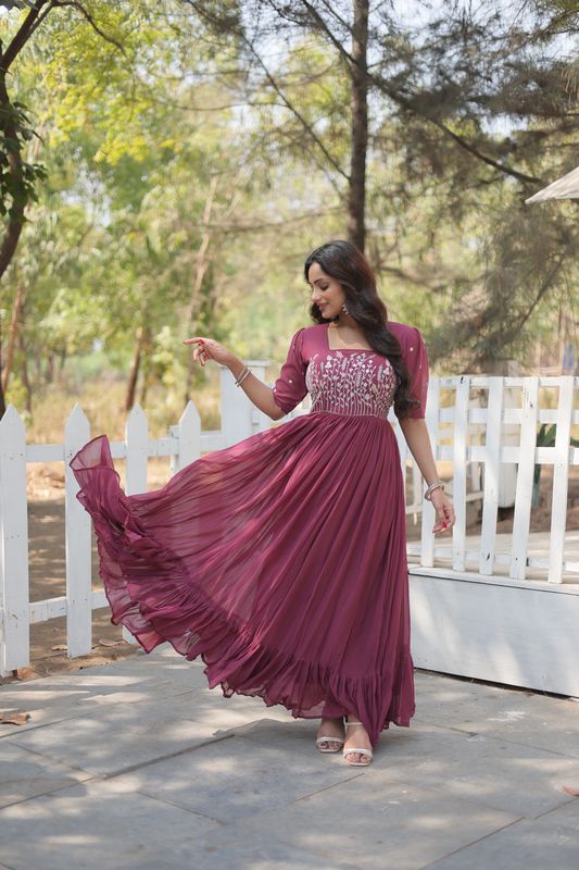 Aastha Dusty Rose with Gown fabric Faux Georgette Sequins Multithreaded Embroidered