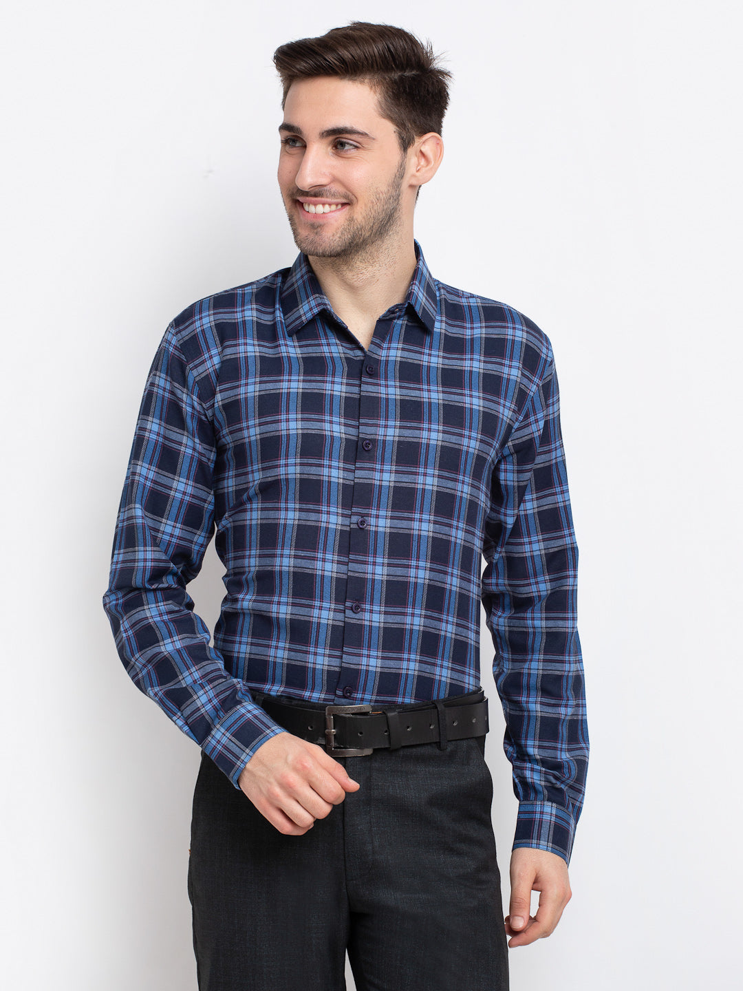 Indian Needle Blue Men's Checked Cotton Formal Shirt