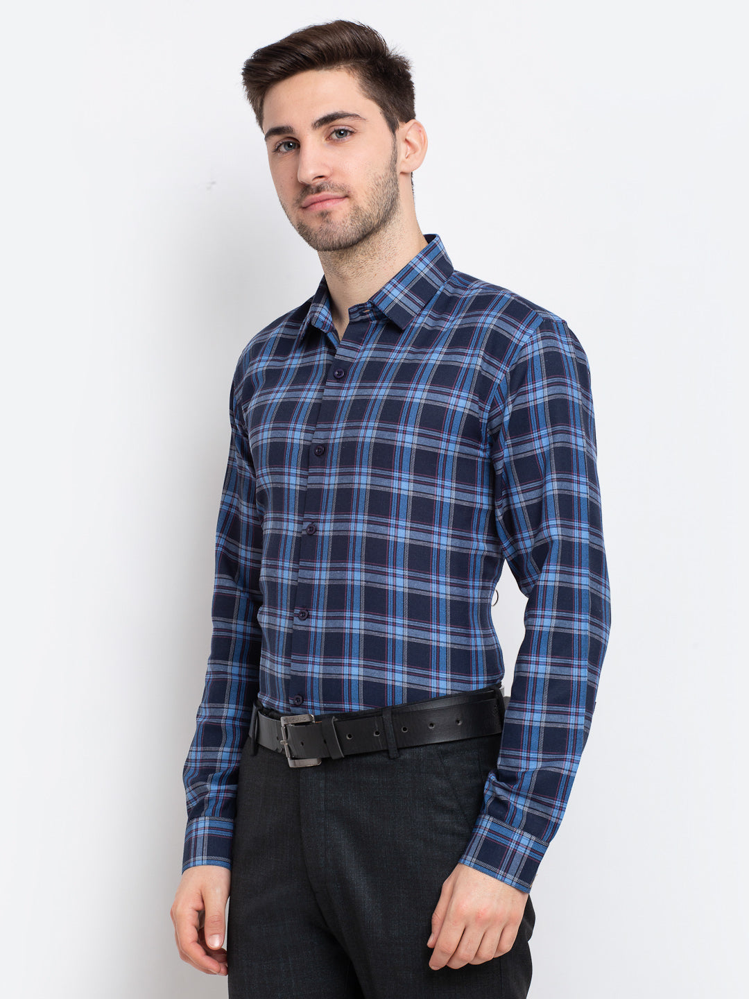 Indian Needle Blue Men's Checked Cotton Formal Shirt