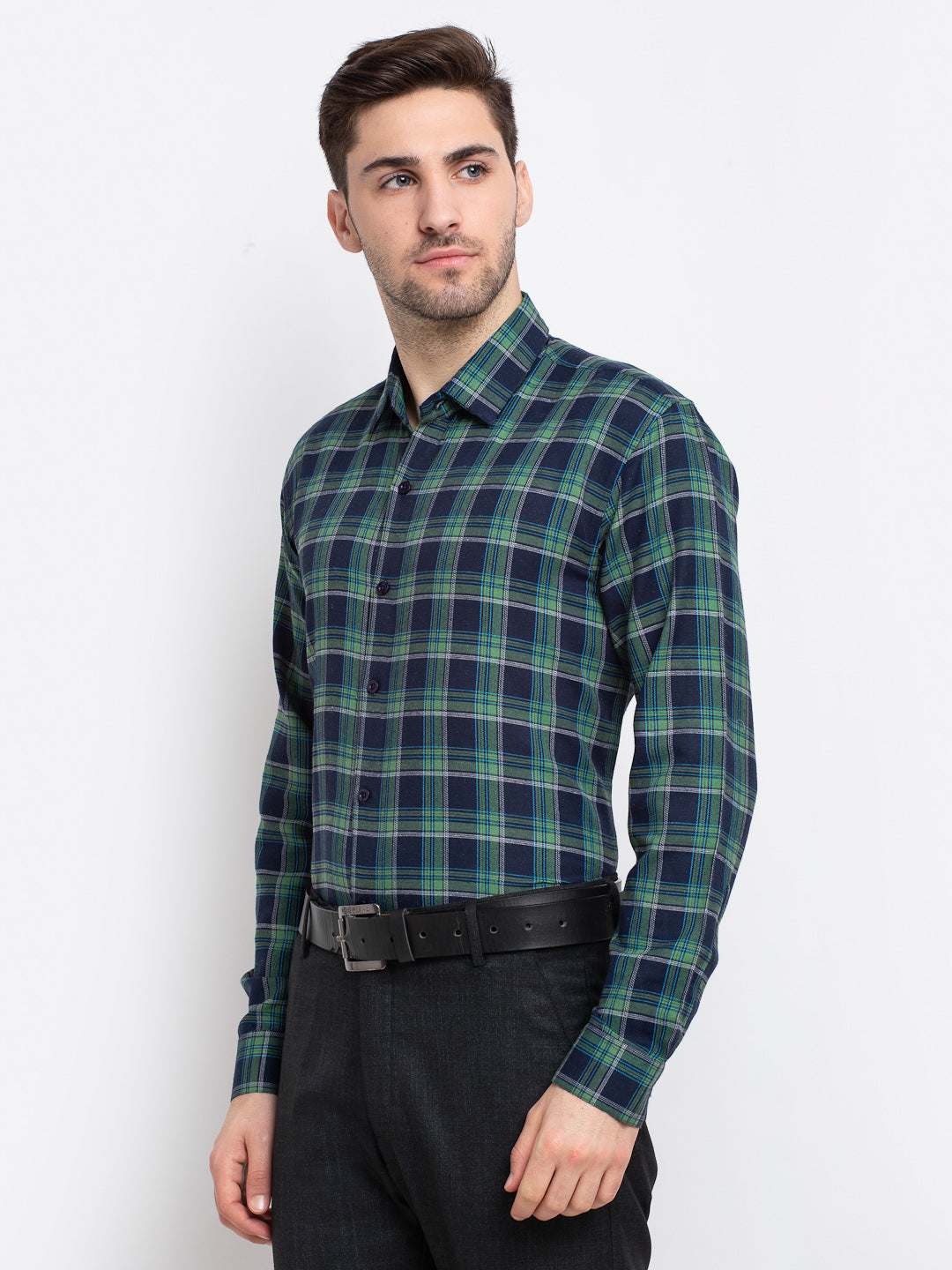 Indian Needle Green Men's Checked Cotton Formal Shirt