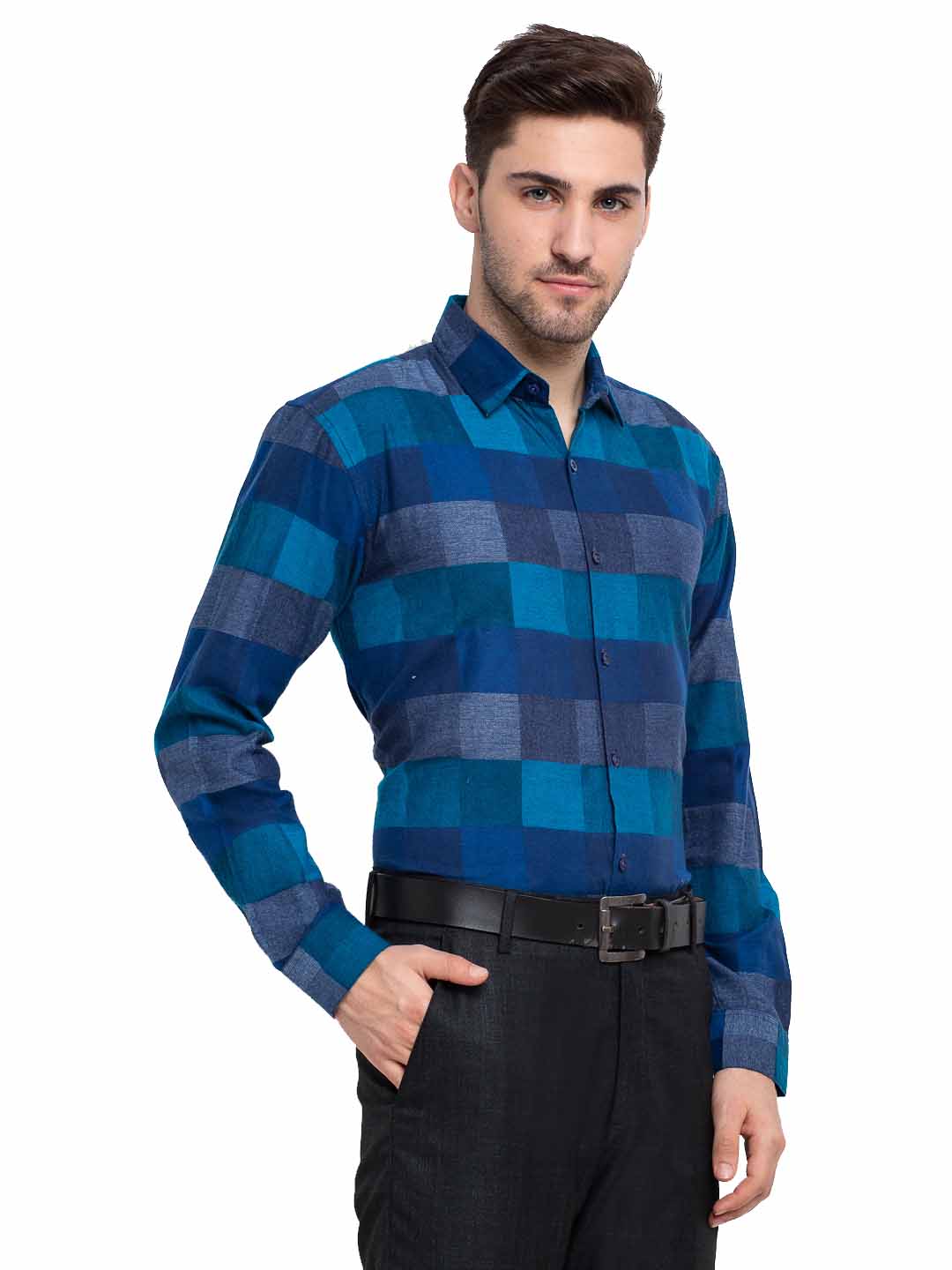 Indian Needle Blue Men's Checked Cotton Formal Shirt
