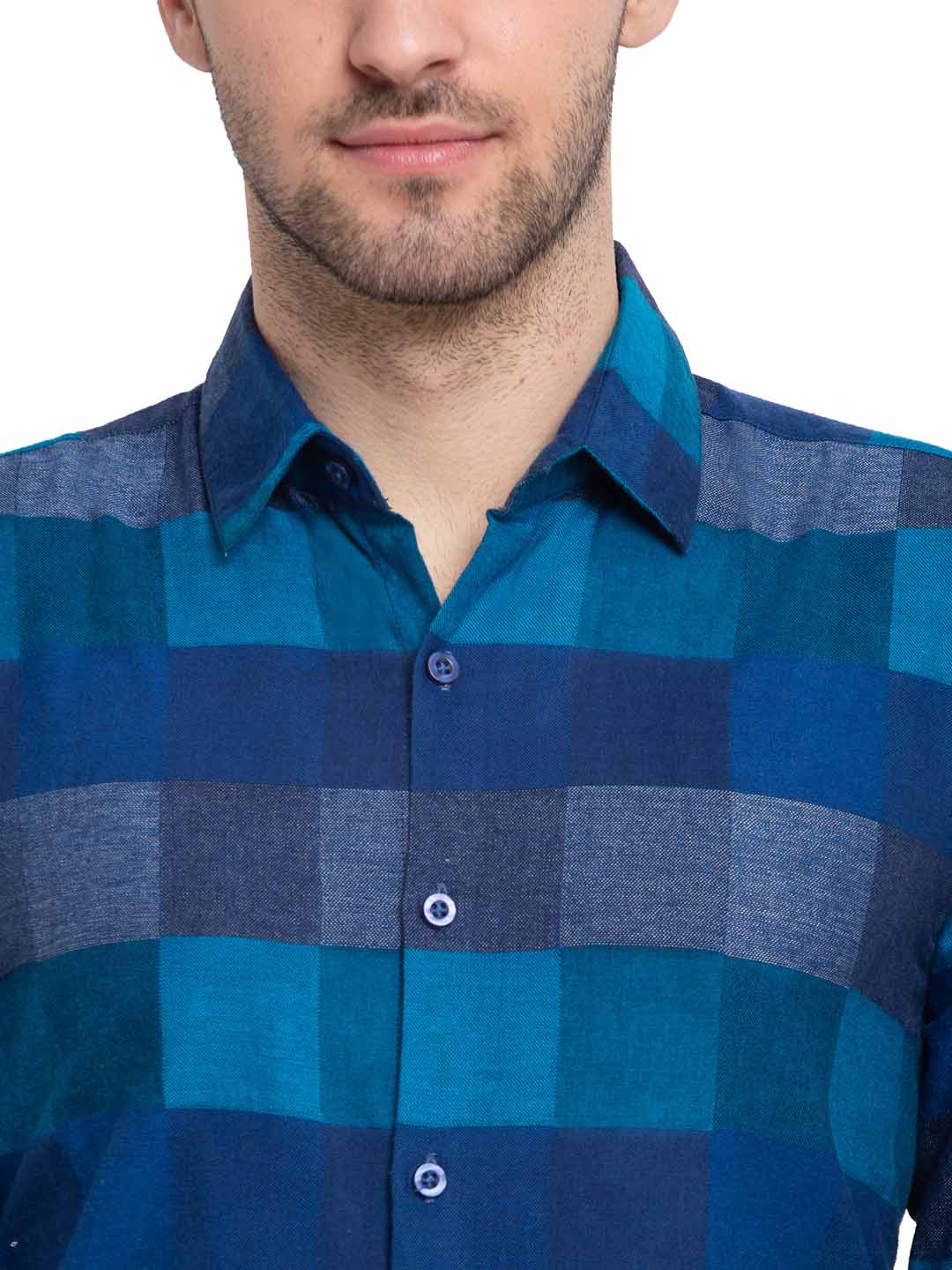 Indian Needle Blue Men's Checked Cotton Formal Shirt