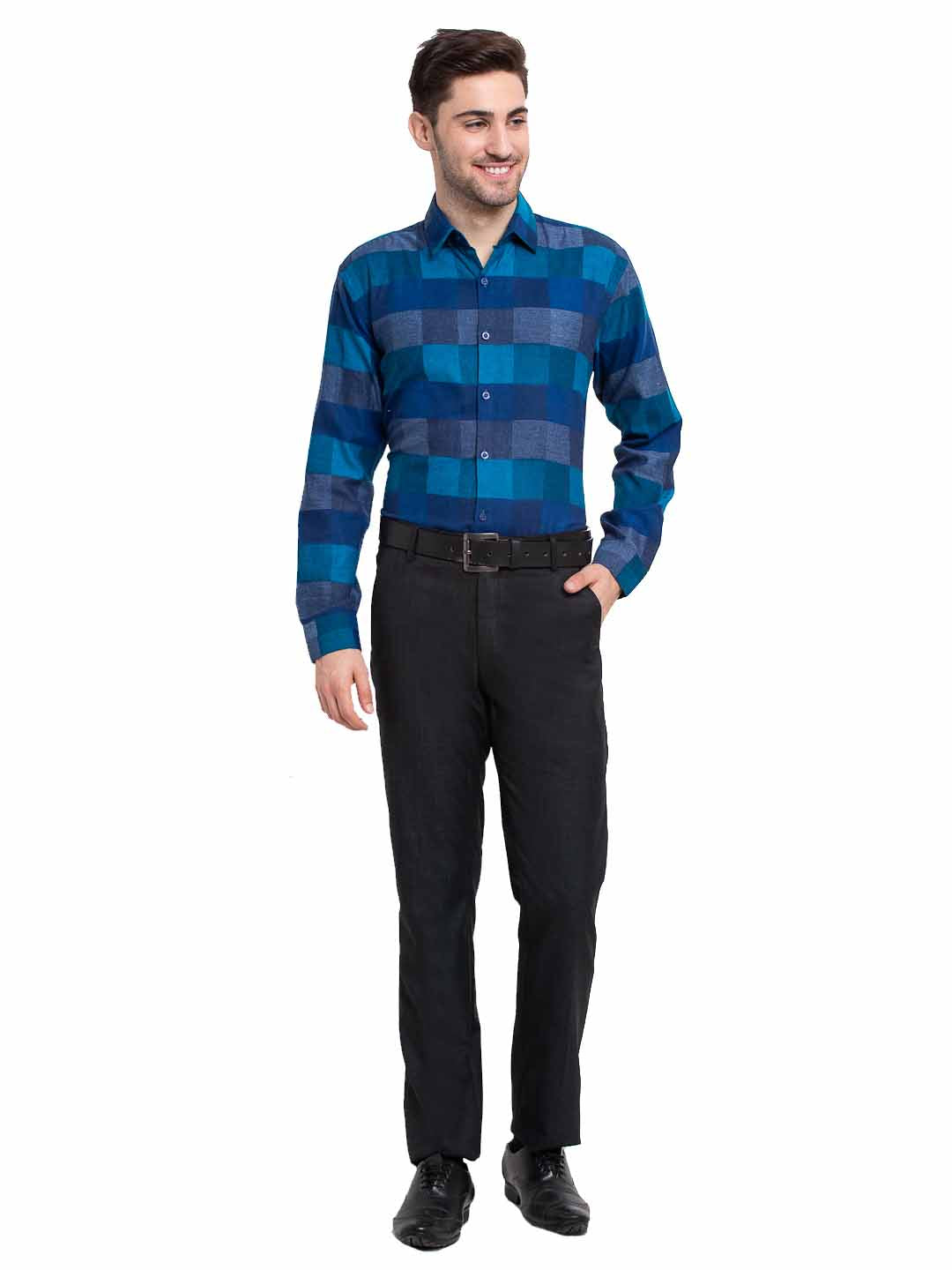 Indian Needle Blue Men's Checked Cotton Formal Shirt