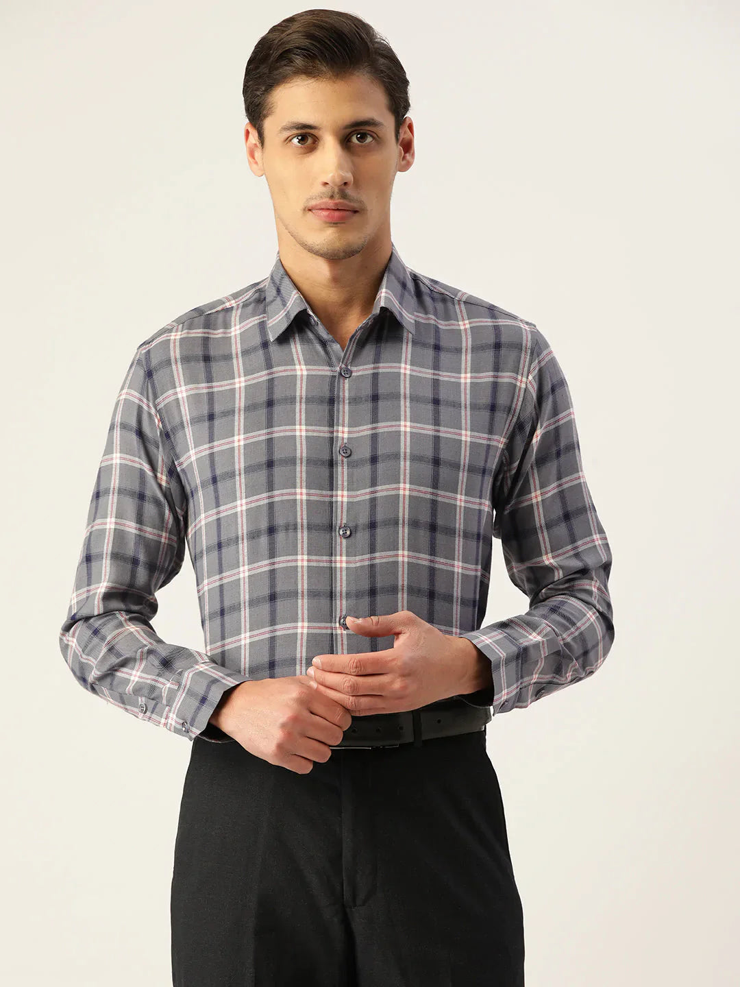 Jainish Men's Cotton Checked Formal Shirts ( SF 803Grey )