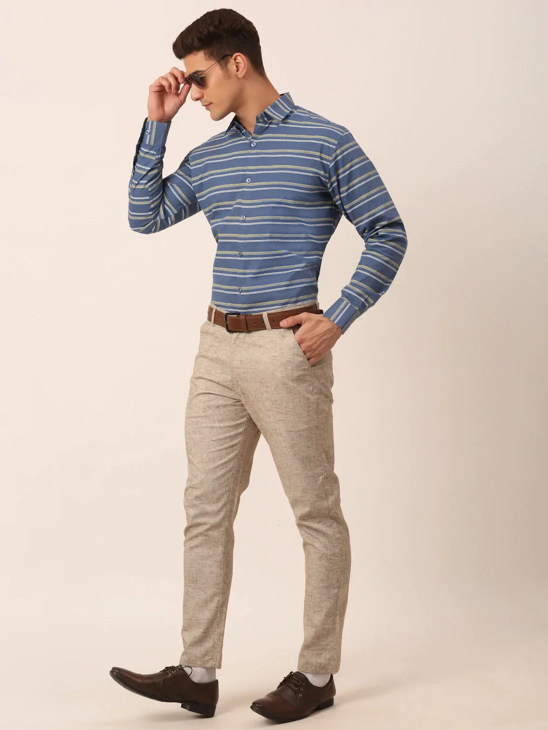 Jainish Men's Cotton Striped Formal Shirts ( SF 820Blue )