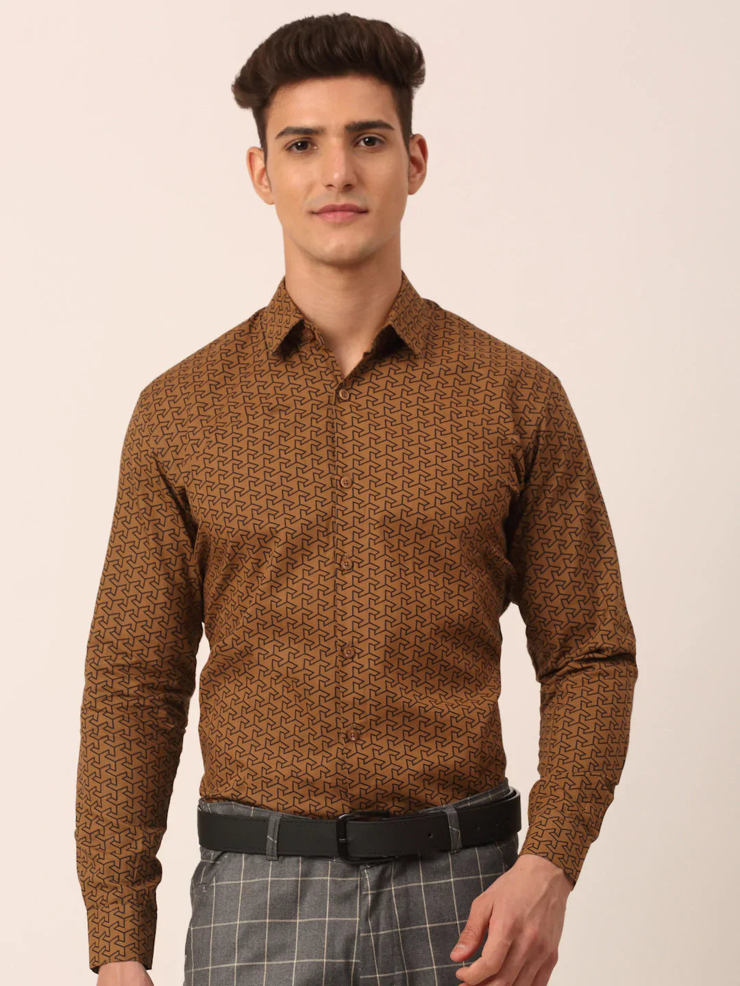 Jainish Men's Cotton Printed Formal Shirts ( SF 821Beige )