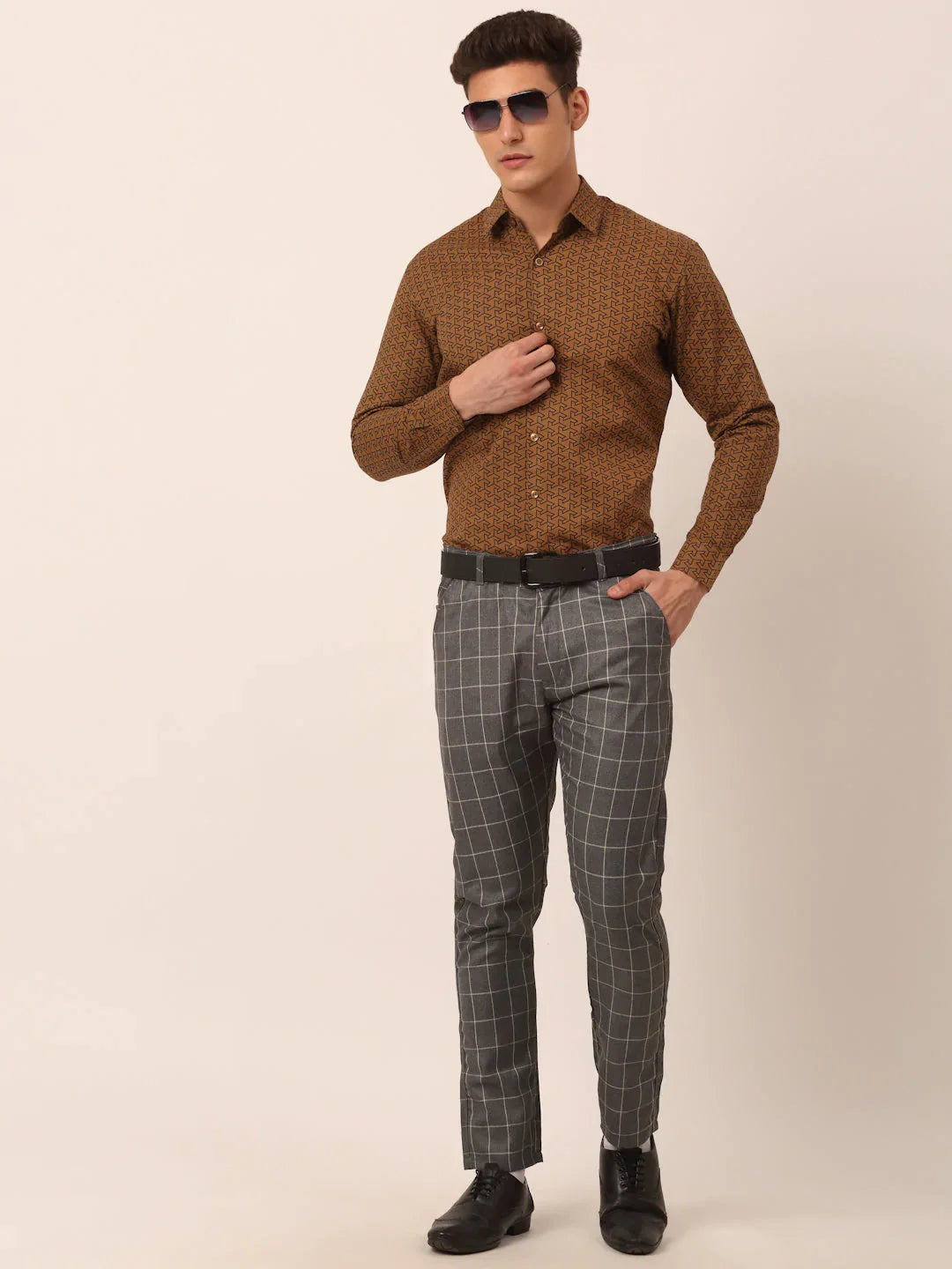 Jainish Men's Cotton Printed Formal Shirts ( SF 821Beige )